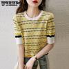 Женская трикотажная футболка Ice Silk с коротким рукавом, универсальный летний новый стиль, контрастная полосатая трикотажная футболка, стильная рубашка