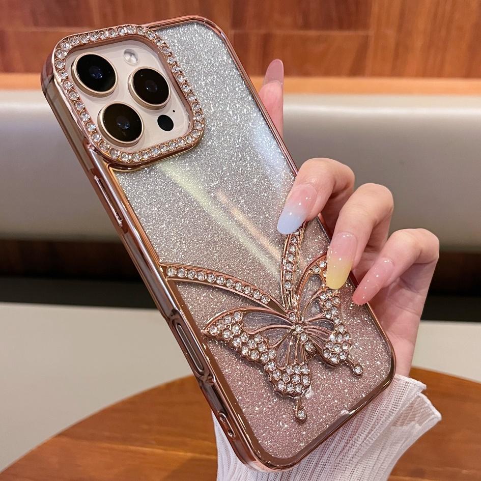 For iPhone 16 Pro Max Rhinestone Butterfly Cover For iPhone 11 12 13 14 15 Plus Gradient Color Flash Electroplated Luxury Shell
