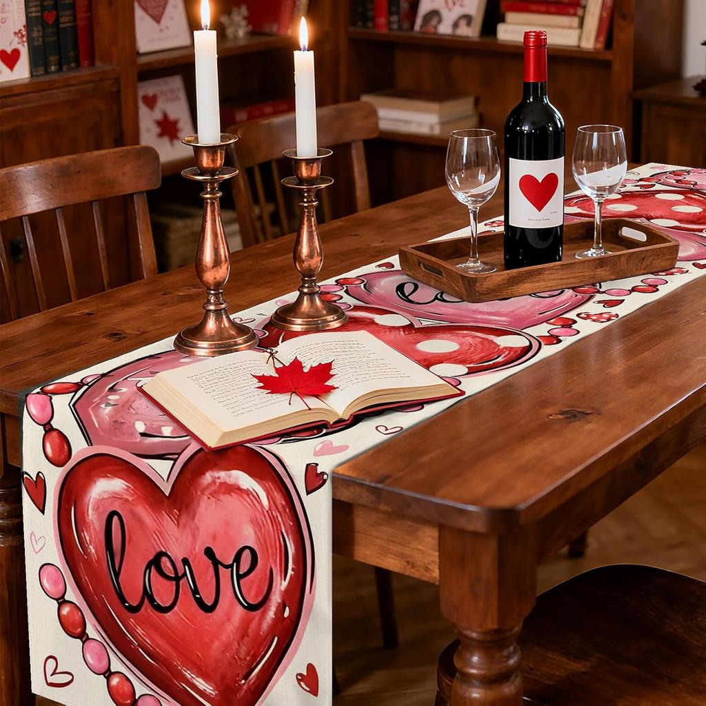 72 x 13 Inch Valentines Day Table Runner – Red and Pink Hearts with Love and XOXO Lettering, Polka Dot Heart Pattern for Dining Room, Kitchen, and