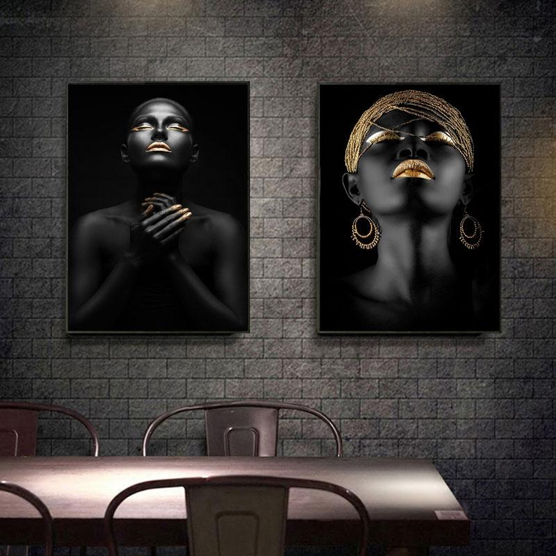 Золотая и черная современная модель макияжа, африканская женщина, холст, настенные художественные картины, модная девушка, принты плакатов для гостиной, домашний декор