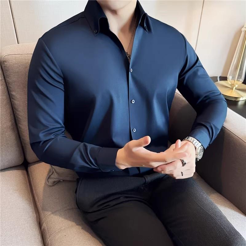 Men's Turn Down Collar Shirt Long Sleeved Autumn Solid Color Casual Slim Fit Shirt Korean Fashion Mens Clothing