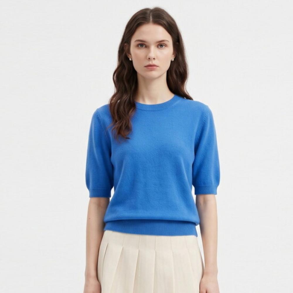 Shop Women S Round Neck Plain Whole Knit SS Tee Blue Frb Wkn260126