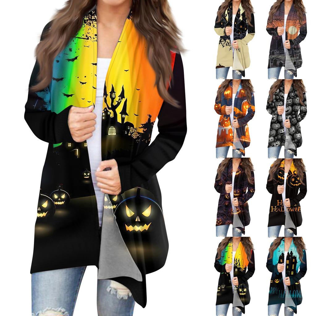Женская мода, повседневный кардиган с принтом на Хэллоуин, средней длины, куртка, пальто
