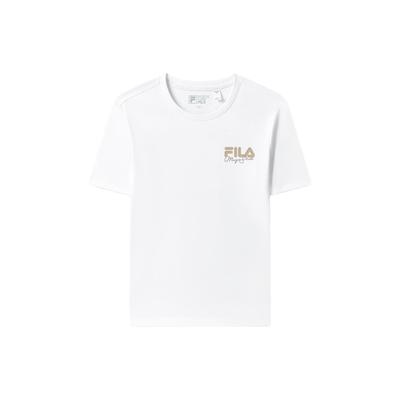 Fila Принт логотипа Однотонная Футболка с круглым вырезом Повседневная Американский винтаж Короткий рукав Женские топы Белый F11W329111F-WT