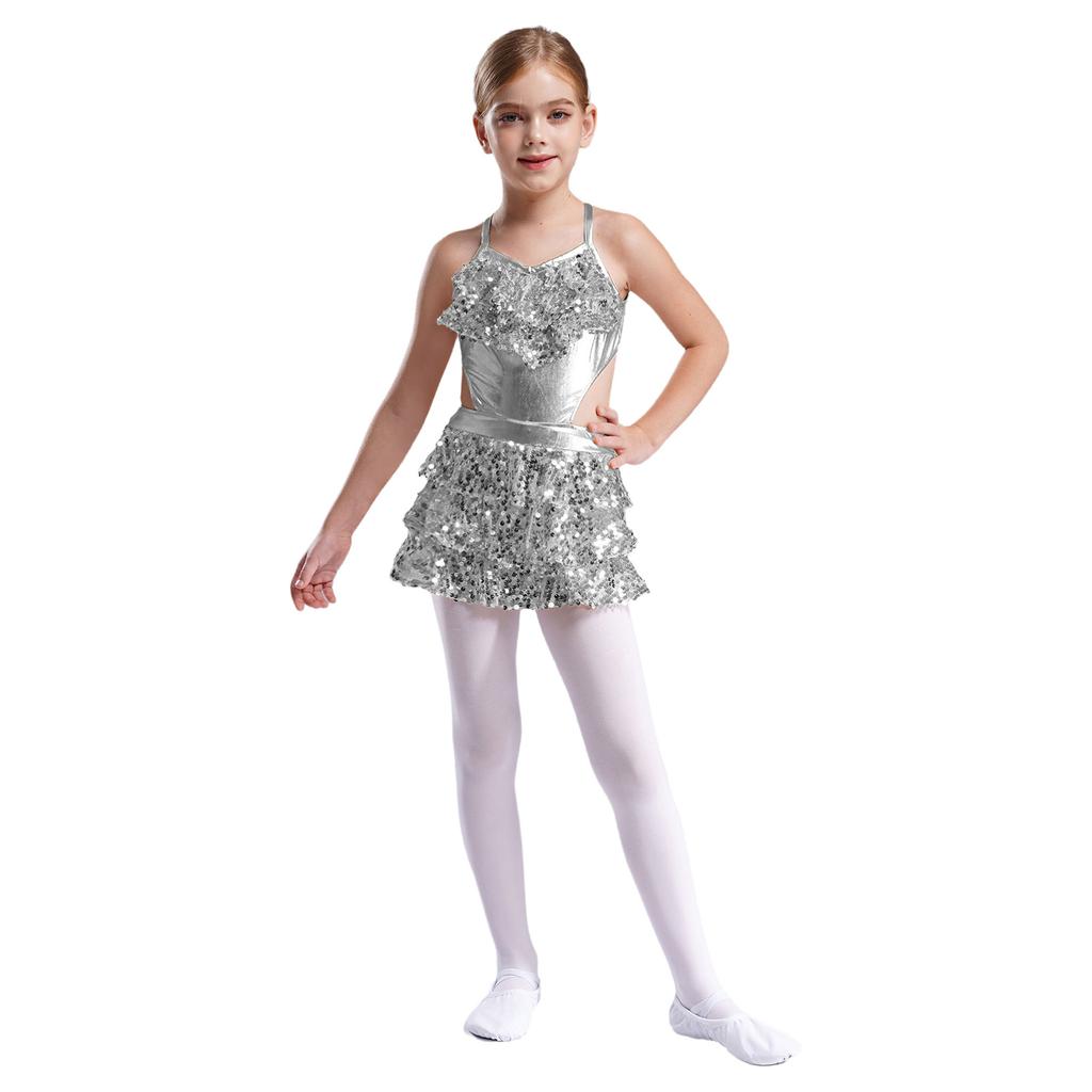 Girls Tiered Ruffle Sequins Dance Dress V Neck Sleeveless Cutout Metallic Design Stage Performance Gown