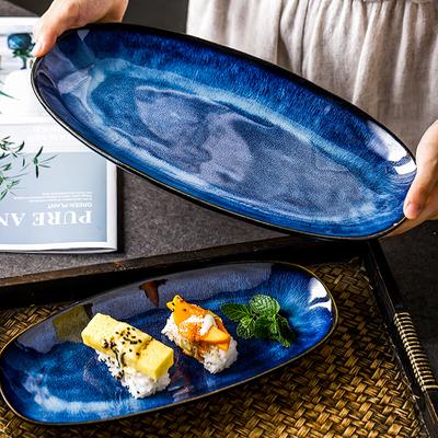 Тарелка для рыбы в японском стиле Kiln Cat Tye Blue, сервировочное блюдо, овальные тарелки для домашнего использования, большие глазурованные тарелки для суши