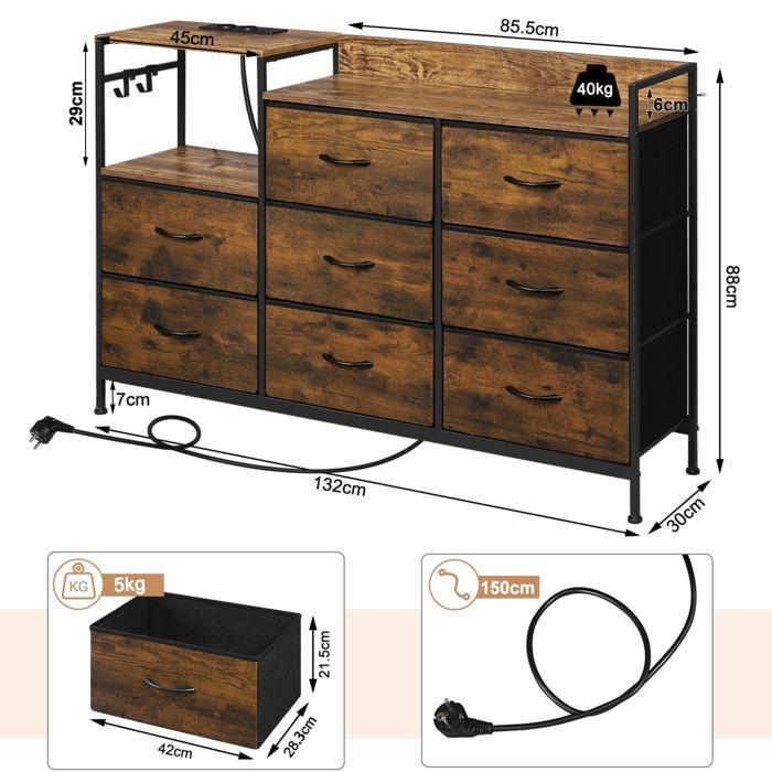 WOLTU Commode à 8 Tiroirs en Tissu, avec Station de Charge, Métal et Bois d'Ingénierie E1, Marron Rustique et Noir W0ITT5001