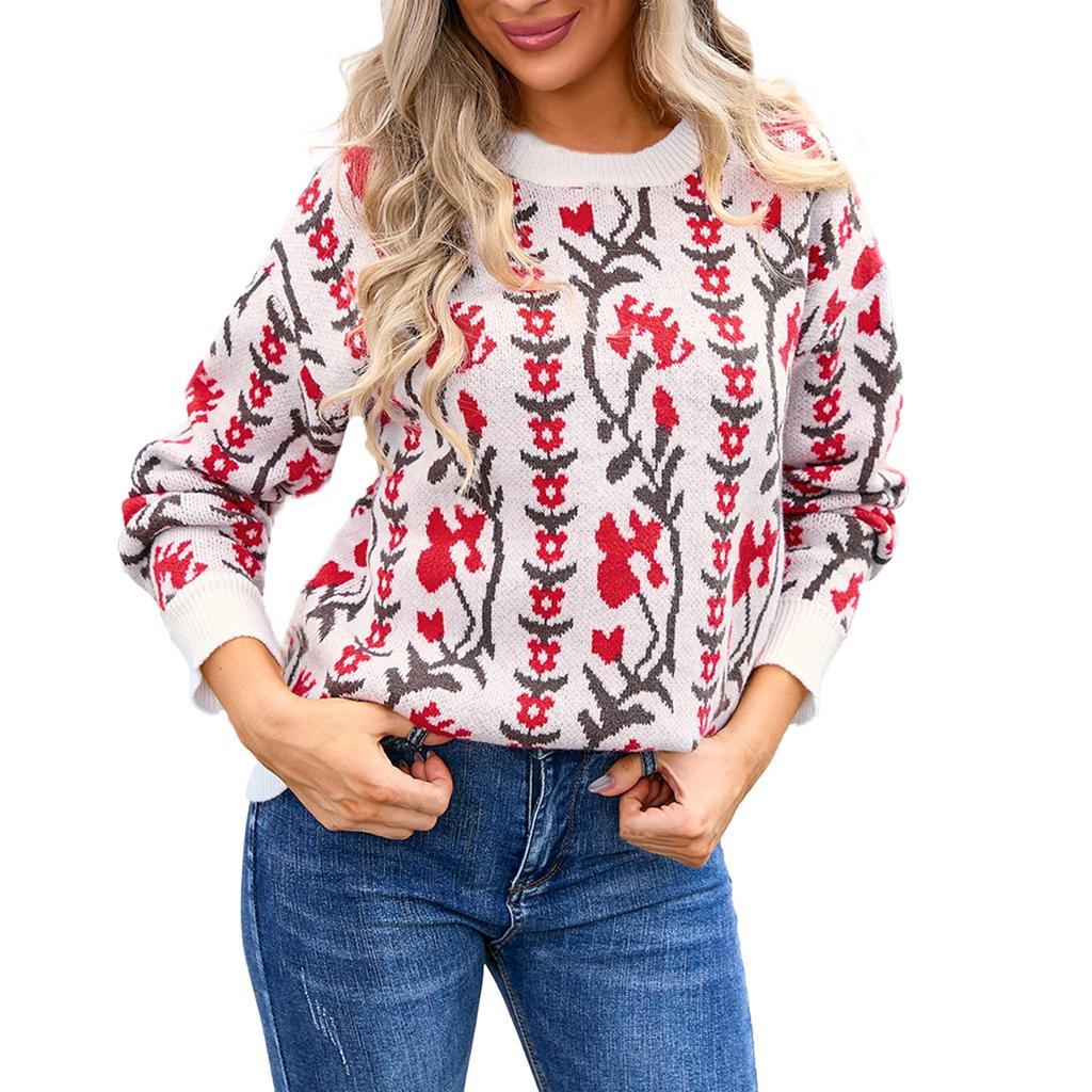 Women's Casual Fashion Comfortable Round Neck Pullover Contrast Color Flower Long Sleeve Street Trend Knitted Sweater