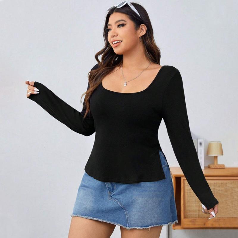 Женская вязаная футболка с квадратным воротником, тонкая черная футболка с длинным рукавом, облегающий эластичный дышащий топ, стильная повседневная базовая рубашка, повседневная одежда
