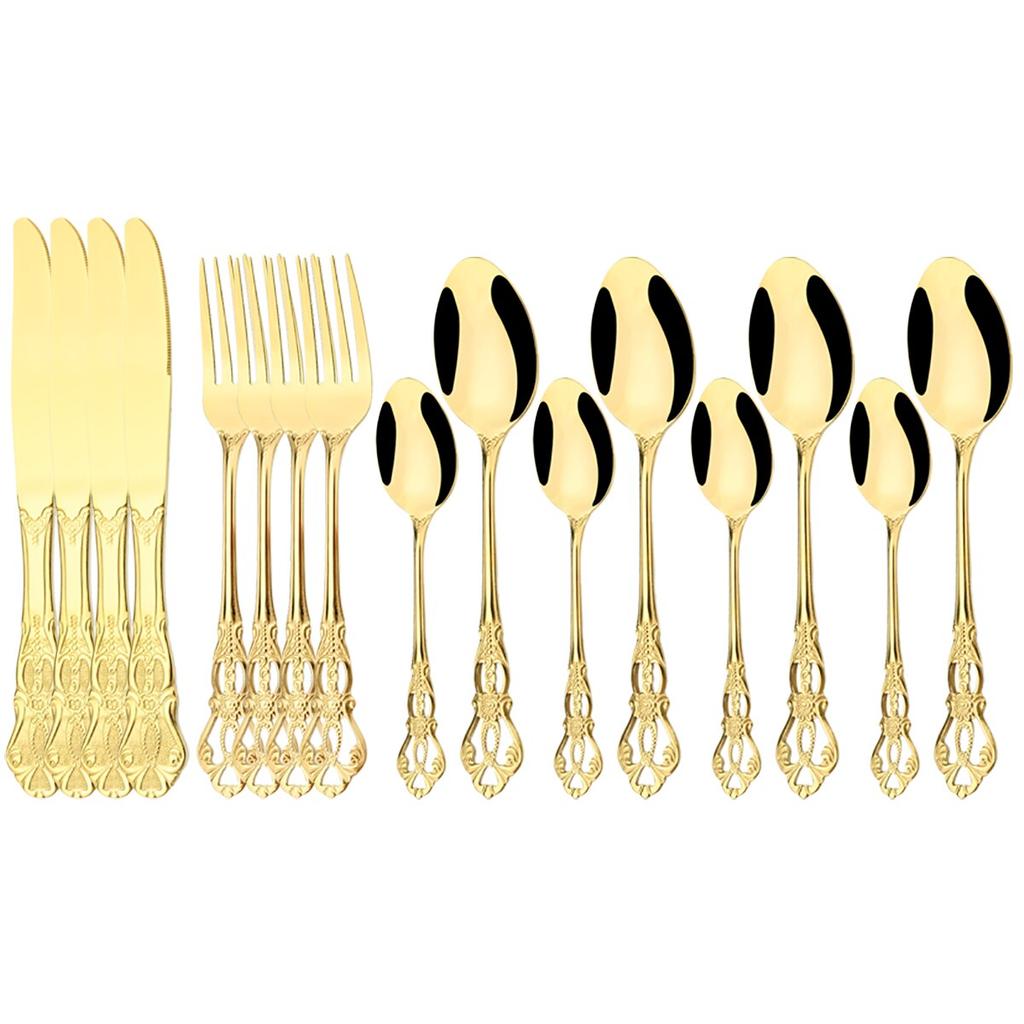 16Pcs Stainless Steel Cutlery Set Vintage Hollow Gold Tableware Knife Fork Tea Ice Spoon Dinnerware Set Wedding Party Silverware