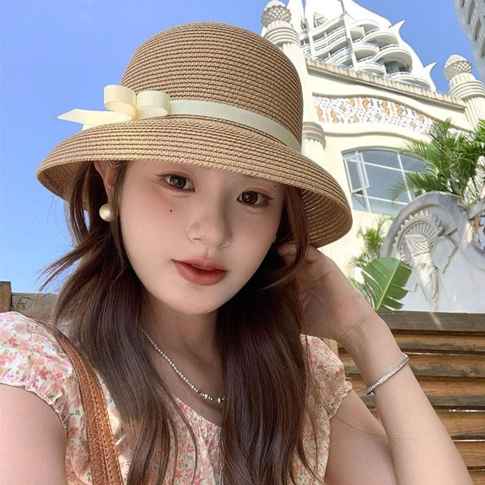 Beach Bow Straw Cap Hepburn Visor Basin Cap New Bucket Sun Hat  Travel