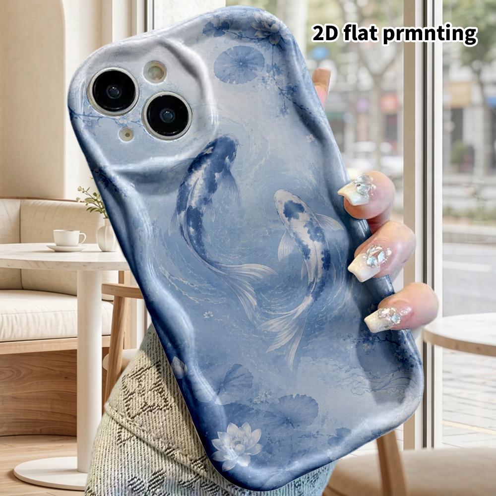 Phone Case: 2D flat design suitable for iPhone 18 17 16 15 14 13 Pro, couple style, blue and white koi, Christmas and Halloween gifts