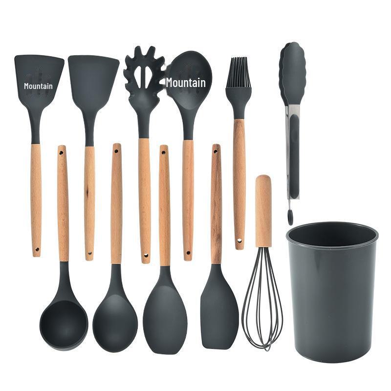 Набор из 12 кухонных принадлежностей из силикона с деревянными ручками - антипригарные, термостойкие лопатки и ложки для супа