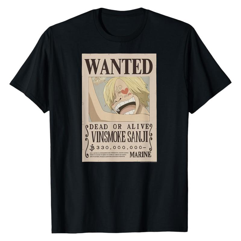 Vinsmoke Sanji Wanted Poster One Piece TShirt Classic Wanted Graphic Print Crew Neck Pure Cotton Casual Streetwear Tops