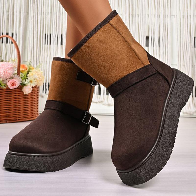 Vintage Buckle Detor Snow Boots Women Winter Mix Color Faux Suede Snow Boots Woman Short Plush Platform Warm Booties Female