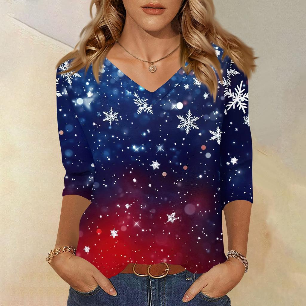 Women's T Shirt CHristmas Print 3/4 Sleeve Daily Weekend Fashion Basic V- Neck Regular Top