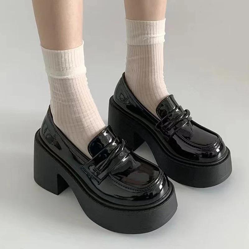 Туфли на высоком каблуке для женщин 2024 года, лакированные кожаные туфли на толстой платформе, женские туфли-лоферы Jk Lolita, женские повседневные туфли-лоферы