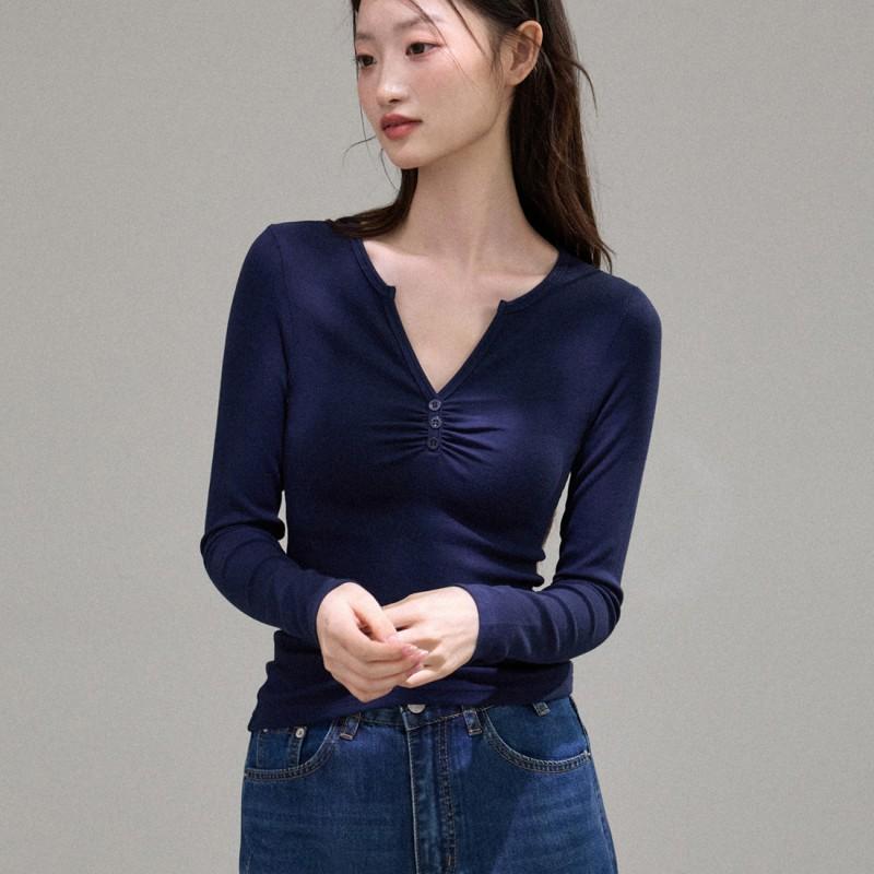 Womens Elegant V-Neck Long Sleeve T-Shirt With Pleated Detail Soft Modal Blend Slim Fit Office Daily Wear