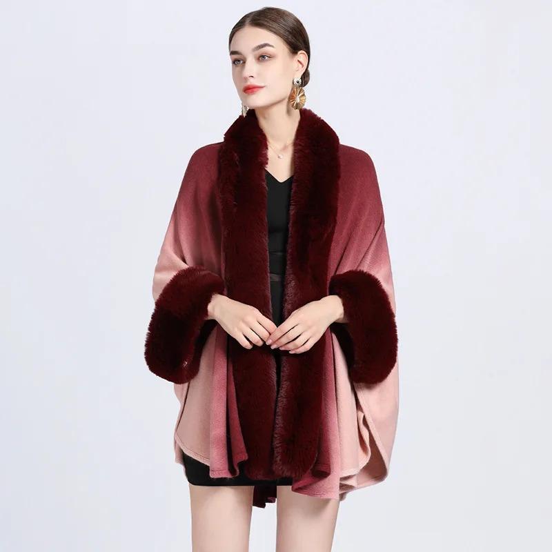 6 Gradient Colors Women Long Faux Rabbit Fur Collar Poncho Cape Knitted Cardigan Outstreet Wear Loose Cloak Batwing Sleeves Coat