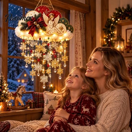 Snow Theme Wall Decor Vintage Lighted Christmas Snowfall Cloud, Cascading Snowflake Light with Reindeer/Angel, Winter Holiday Ornaments LED