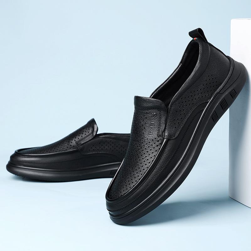 Genuine leather men's shoes 2025 summer new casual shoes punched hollow sandals versatile soft sole soft surface one pedal leather shoes