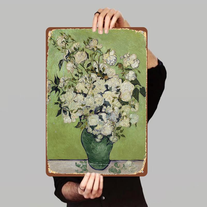Van Gogh White Roses Oil Painting Custom Metal Tin Sign Vintage Home Decor Wall Art Hanging Picture for Living Room
