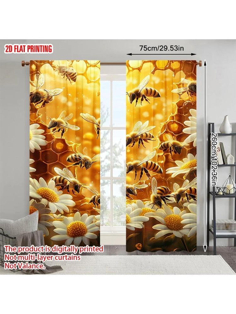 2pcs, plane printing Popular Curtain Panels Bees and Sunflowers Honeycomb Polyester Easy Install (without rod) All Seasons Use