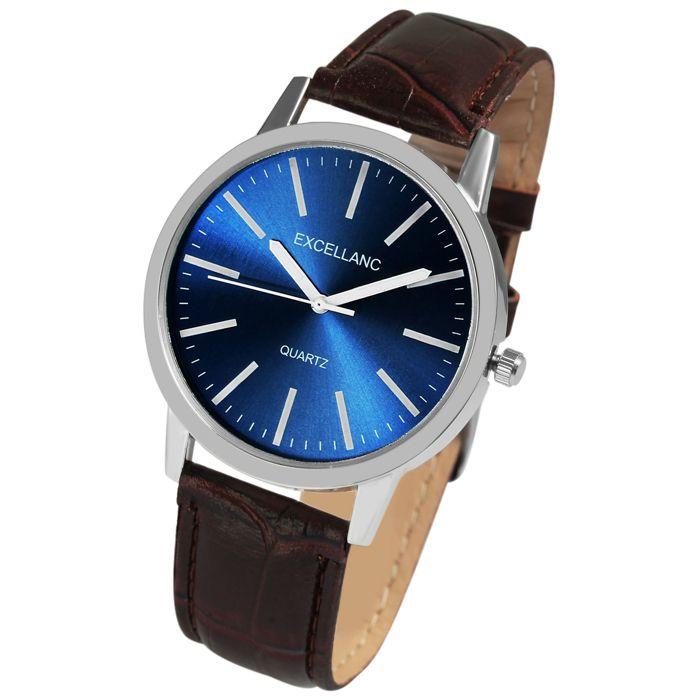Montre - EXCELLANC - Excellanc - 40 mm - cadran bleu - bracelet simili cuir marron