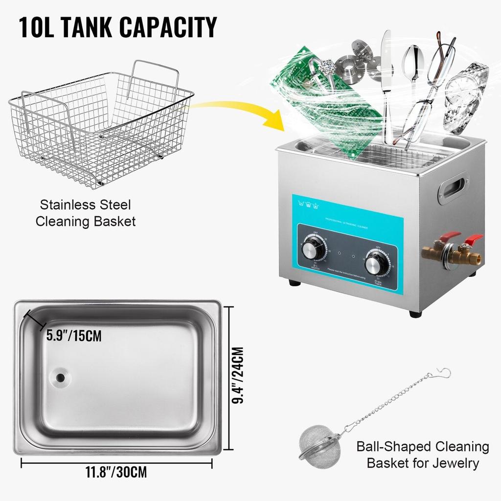 10L Ultrasonic Cleaner Jewelry Cleaner with Heater Timer for Jewelry Cleaning Knob Control Eyeglass Rings Dentures Music Instruments