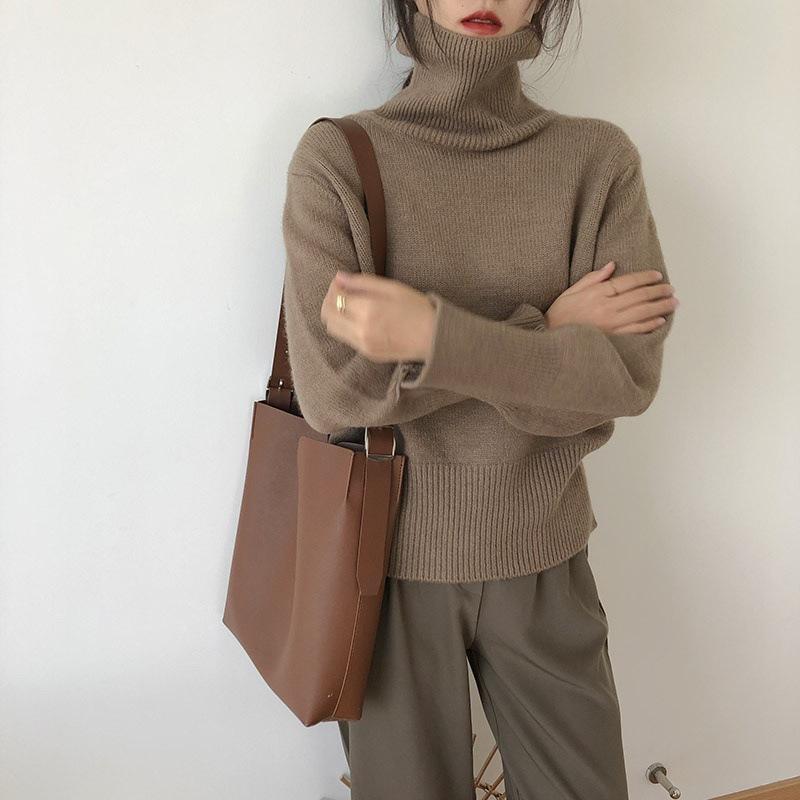 Кашемировый вязаный свитер с воротником большого размера, женский зимний утепленный однотонный базовый пуловер, женский повседневный мягкий джемпер с длинными рукавами