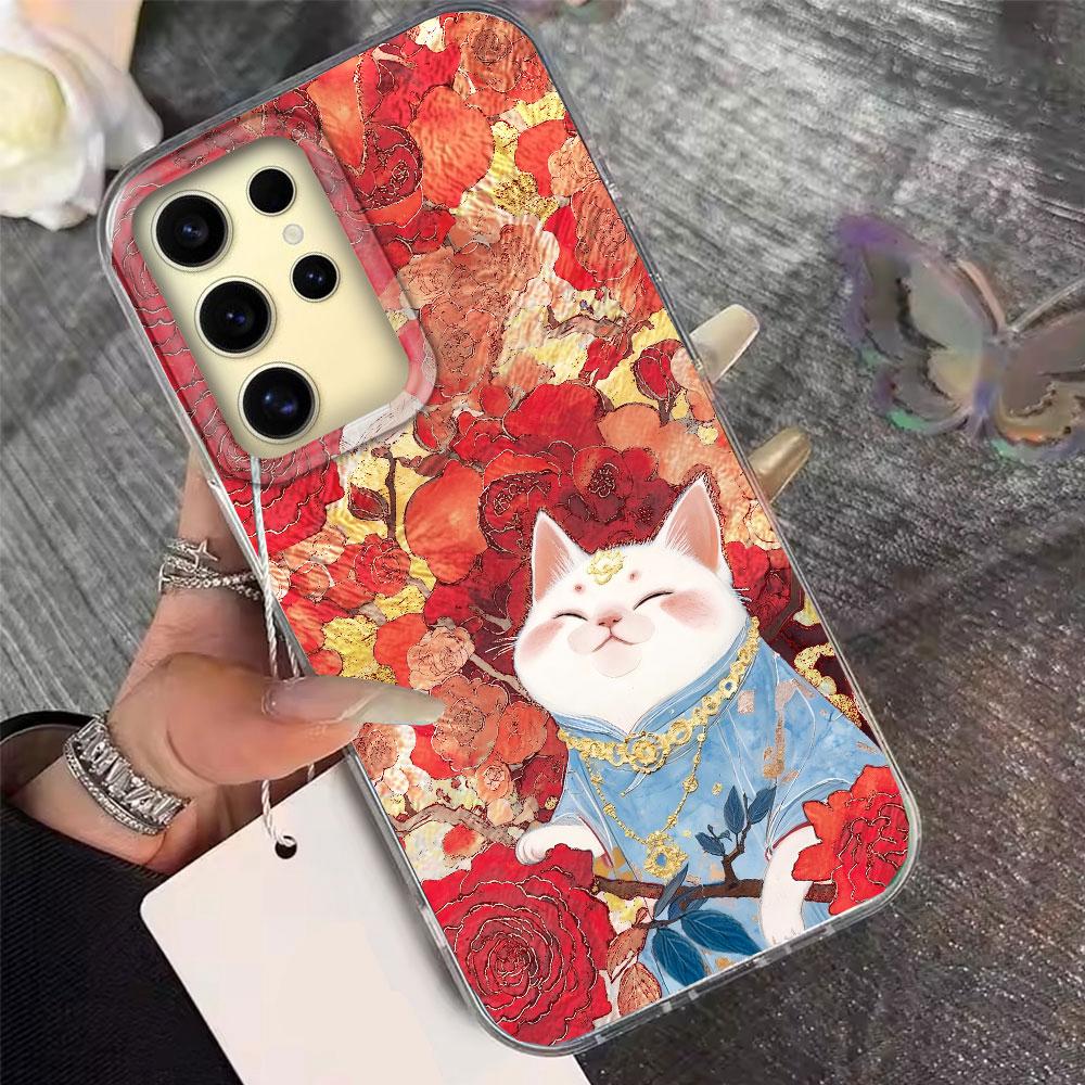 Korean Cute White Cat Vortex Pattern Girls Phone Case for Samsung Galaxy S25 Edge S24 S23 S22 S21 S20 FE Plus Ultra Bags Cover