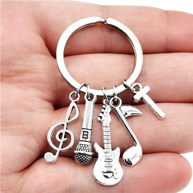 26 Letters Music Keychain Music Note Guitar Pendant Key Chain Microphone Keyring Creative Jewelry Gifts