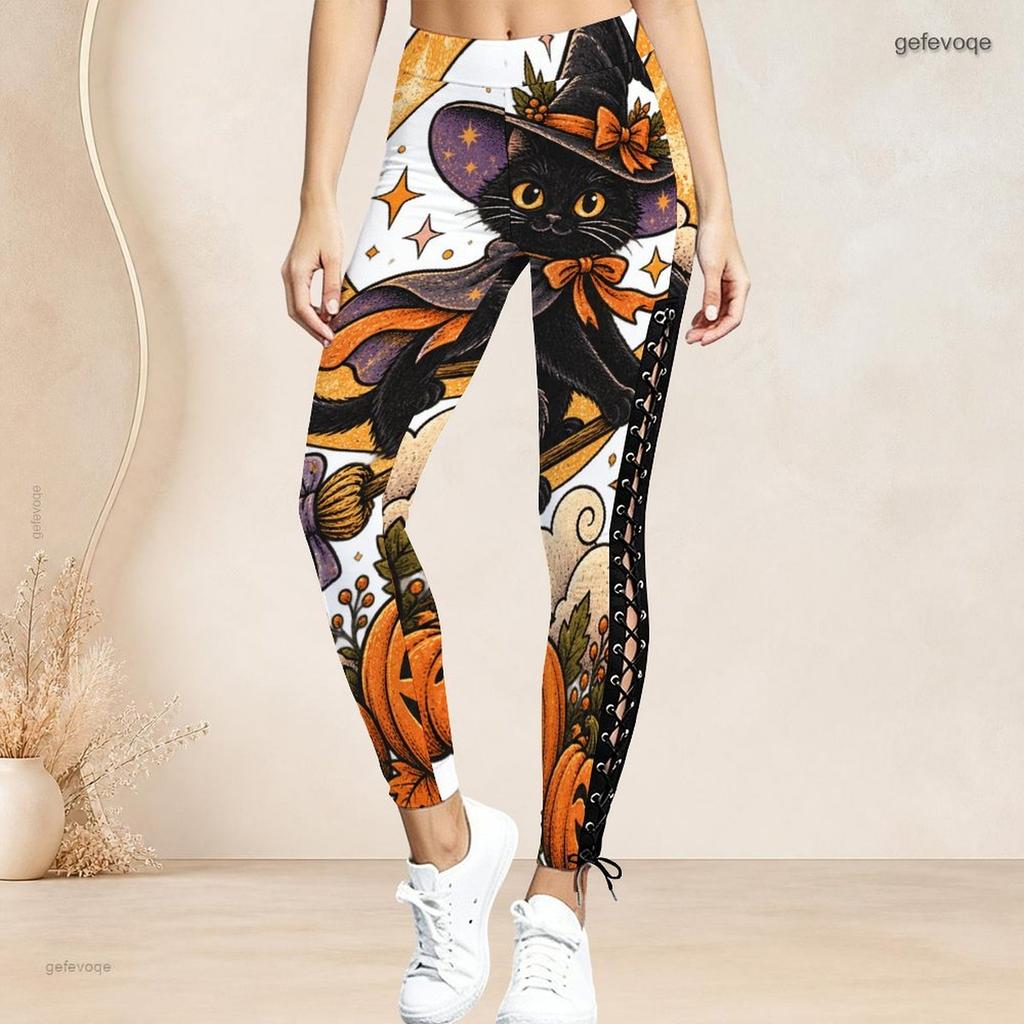 Women Plus Size High Waist Cartoon Witch Raccoon Printed Side Eyelet Lace Up Full Length Leggings