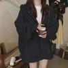 2023 Women's Black Hooded Sweatshirt: Casual Loose Fit with Velvet, Chic Korean Style for Spring and Autumn