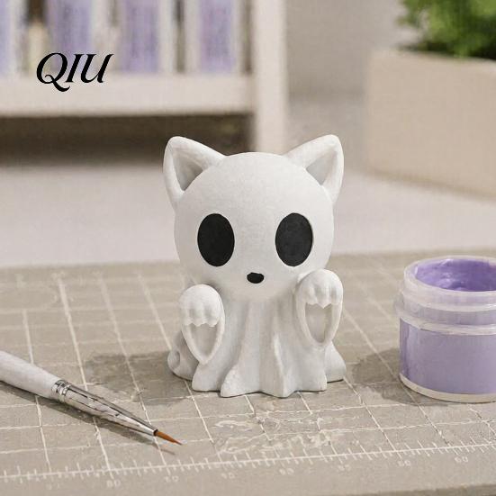 Desktop Miniature Statue Halloween Ghost Cat Statue, 3D Printed Ornament, White Gothic Home Accessory Cute Figurine for Office Desk Decoration