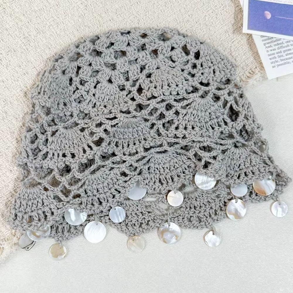 Solid Color Shell Tassels Hat Thin Bohemian Style Beanies Fashion Woven Pullover Cap Pullover Hat