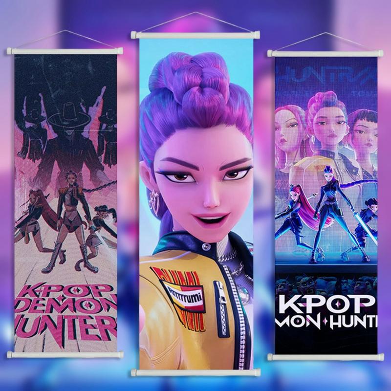 K-Pop Demon Huntrix Подвесной свиток Картина Аниме K-Pop Воин Настенный постер Руми Мира Зои Свитки Картины Картины Настенный декор