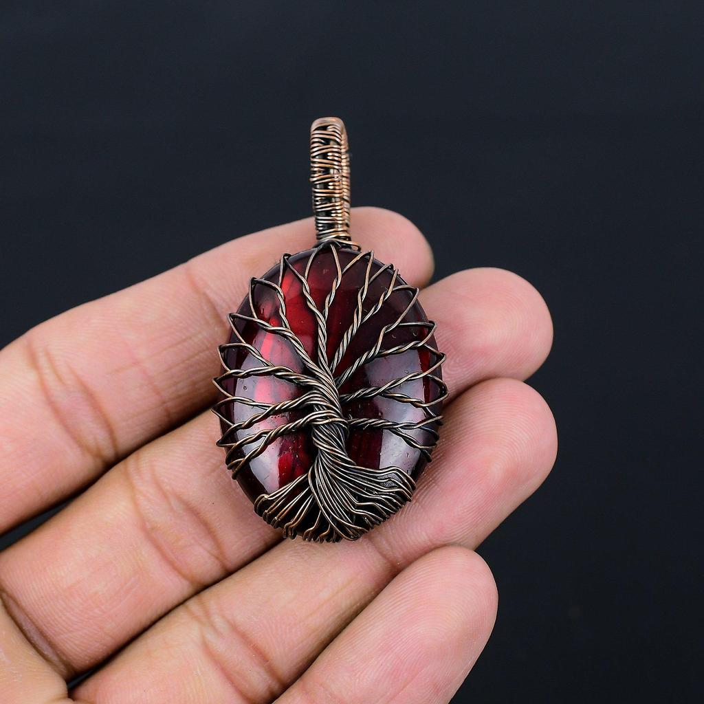 Tree Of Life Red Flash Labradorite Gemstone Pure Copper Wire Wrapped Handmade Pendant Jewelry