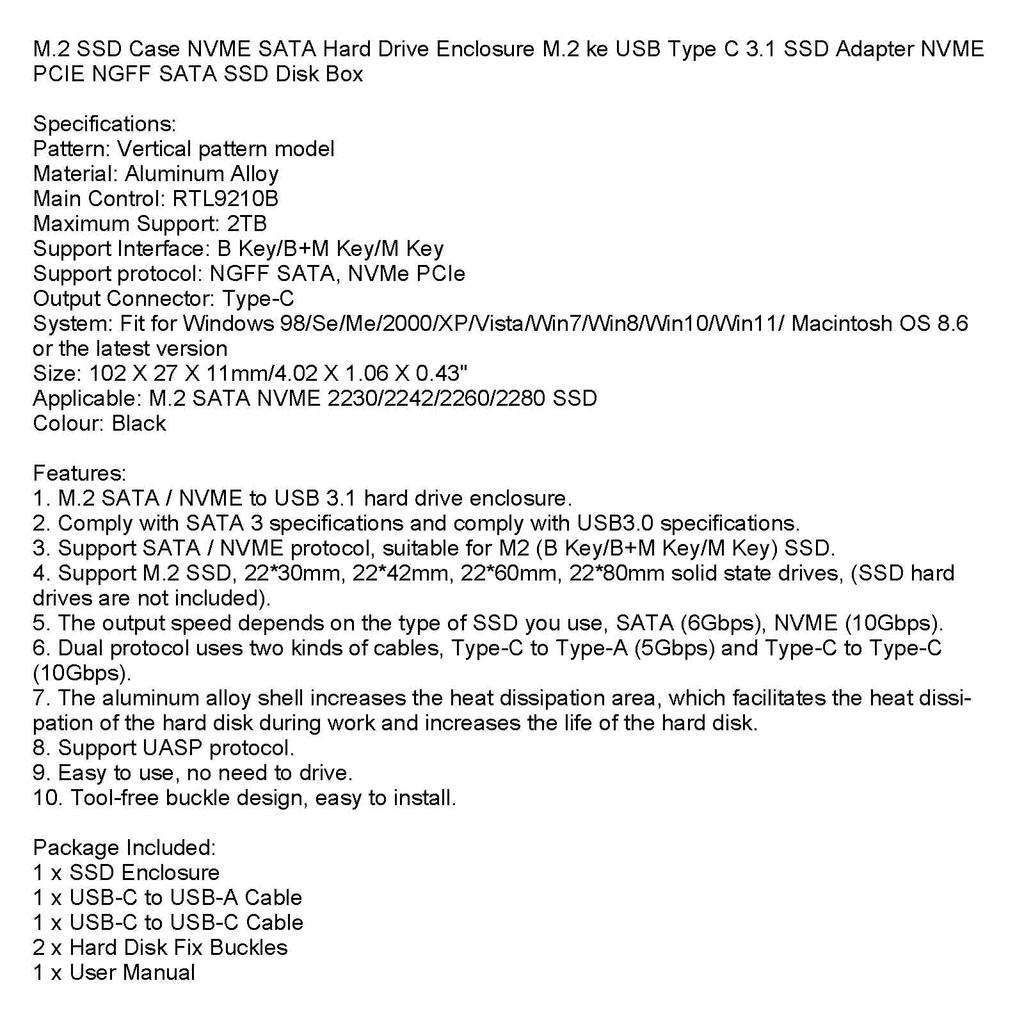 M.2 NVME SSD Adapter USB 3.1 Dual Protocol Hard Drive Enclosure 10Gbps