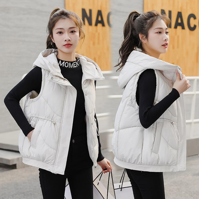 Women Autumn Winter Hooded Collar Sleeveless Solid Color Drawstring Warm Coat Vest