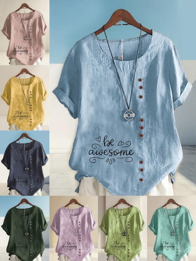 Women's Fashion Black Letters Printing Shot Sleeve T-shirt Loose Cotton Shirt Casual Loose Summer Blouse Tops Plus Size
