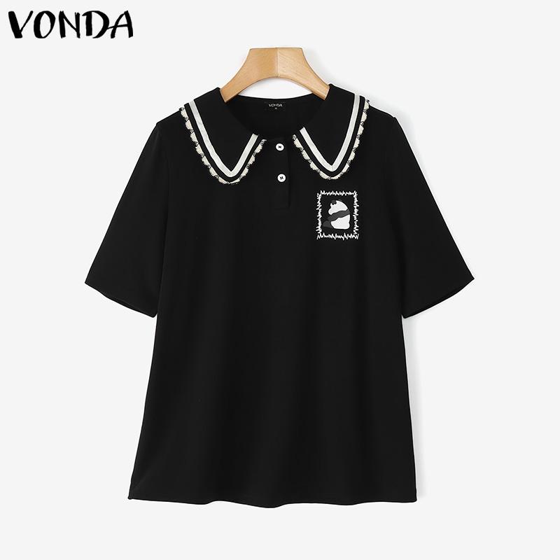 VONDA Women Doll Collar Short Sleeve Stitching Print College Style Blouse