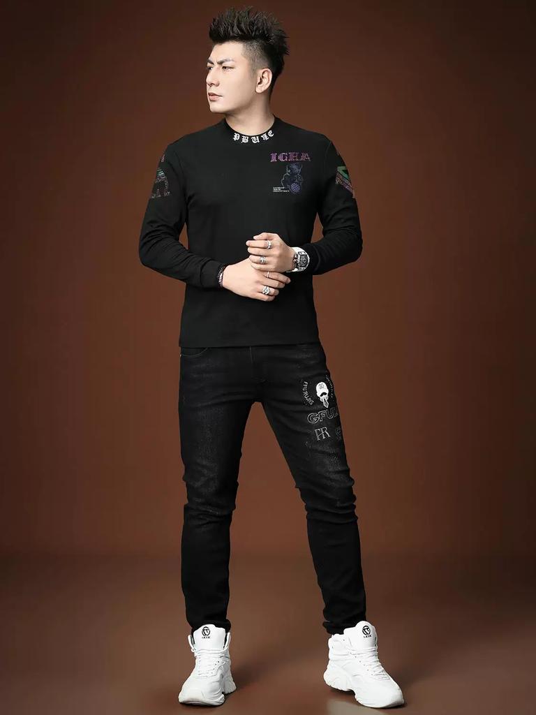 European Style Autumn Half-Turtleneck T-Shirt for Men, Trendy Bear Rhinestone Long-Sleeve Casual Top Men's Tee