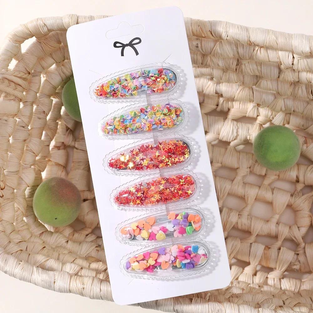 6 шт./компл. заколки для волос с блестками для девочек, заколки для волос, мультяшные прозрачные струящиеся детские челки, заколки для волос, женские аксессуары для головных уборов