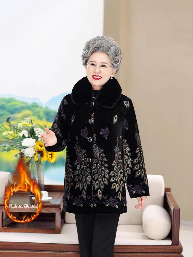Grandma's Mink Velvet Coat with Fleece Lining, Thickened, for Middle-Aged & Elderly, Fur Collar, Warm Cotton-Padded Jacket.