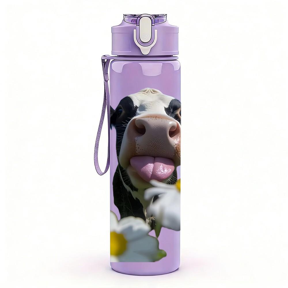 1PC Cow Holding Flower Farm Animal Print 750ml Color Plastic Sports Water Bottle Leakproof Flip Straw Lid Suitable for Sports Office Home Use