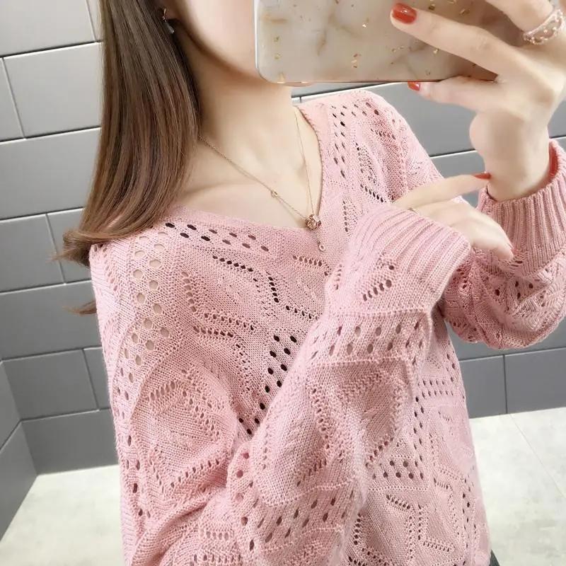 Hollow Knitted Sweater Women's Pullover Spring and Autumn V-neck Blouse Loose Outer Sweater Bottoming Shirt