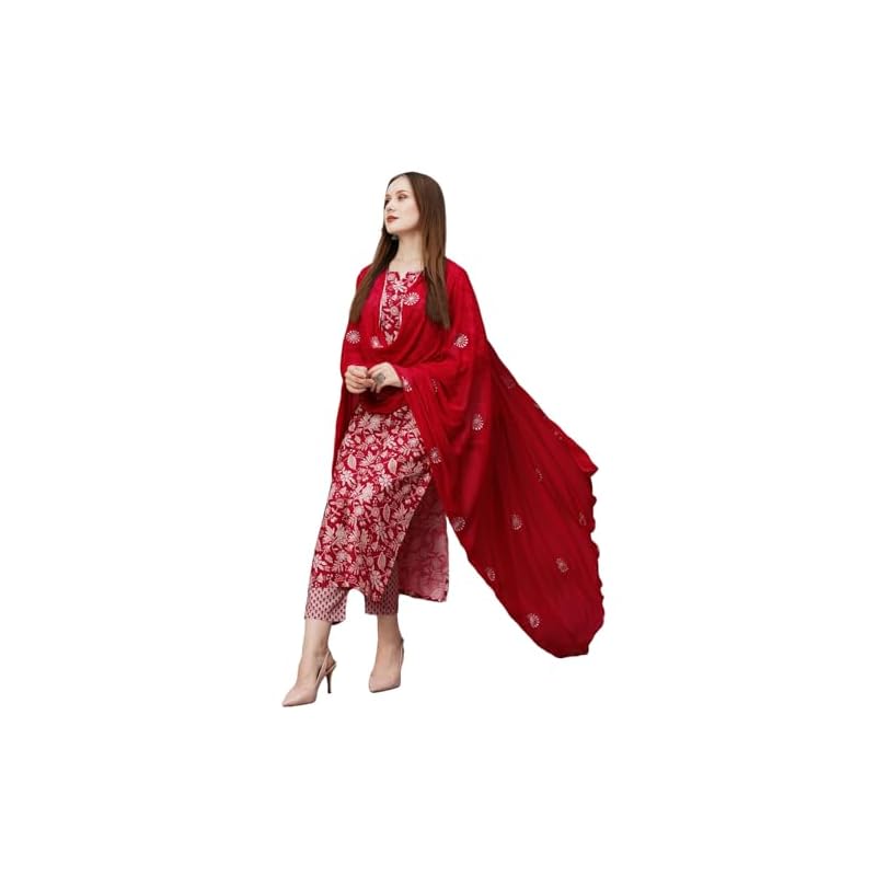 GoSriKi Women's Cotton Blend Straight Printed Kurta with Pant & Dupatta (MEI Red-GS_XL_Red_X-Large)