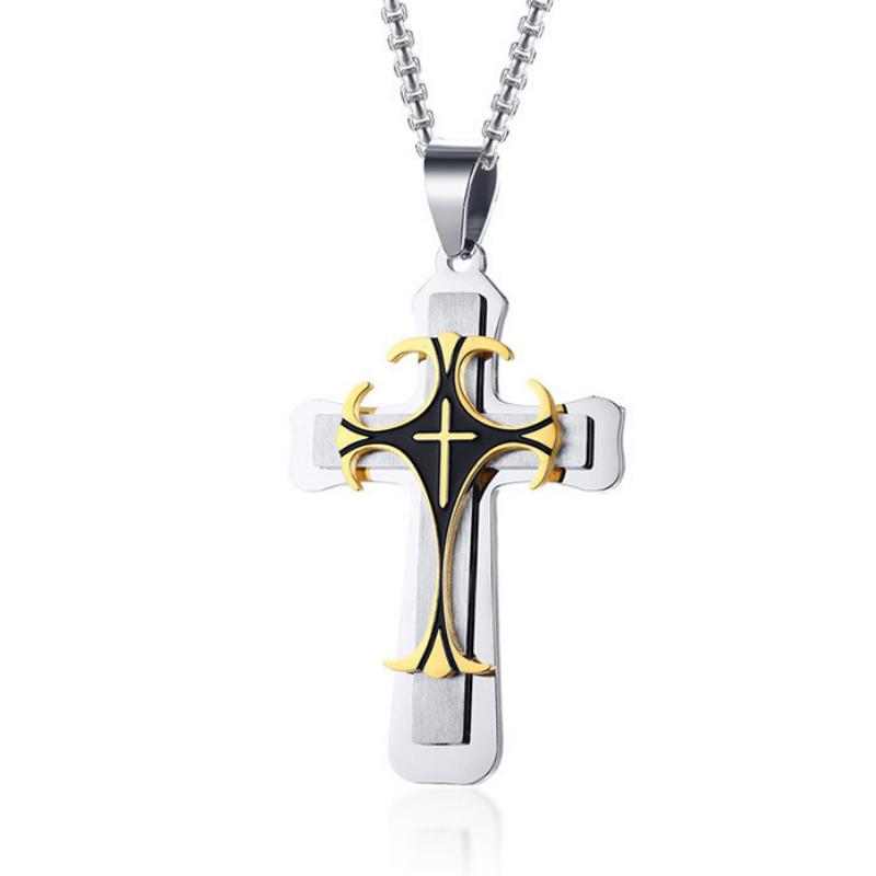 New Titanium Steel European and American Jewelry Titanium Steel Retro Multi Layer Cross Necklace Pendant