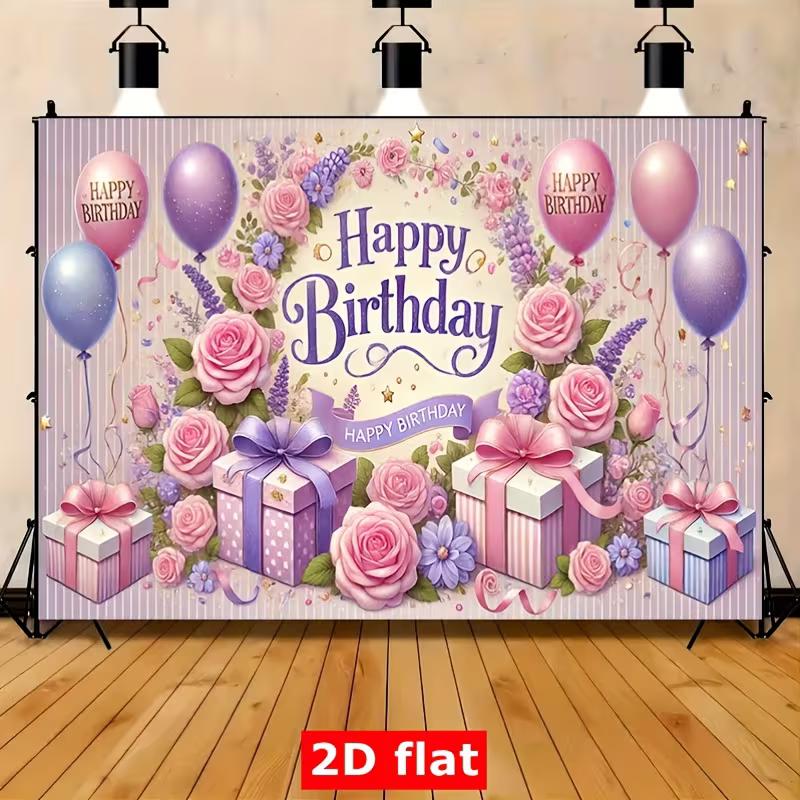 2D Floral Happy Birthday Backdrop Pink Rose Lavender Photography Background